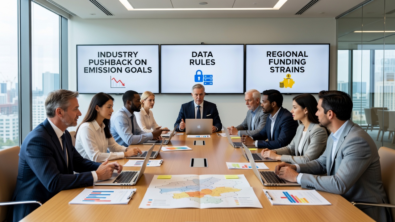 Regional government offices and industrial sites highlighting funding strains and regulatory intersections