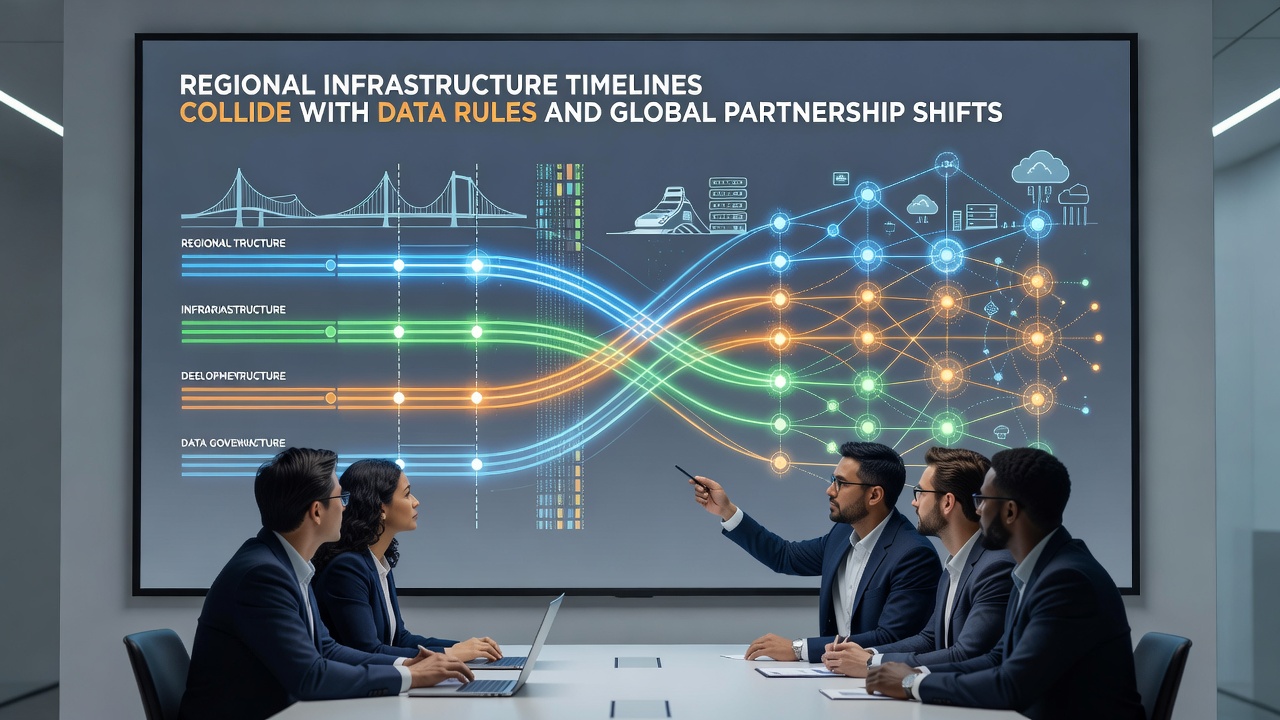 Global map highlighting infrastructure projects and partnership routes with data regulation icons